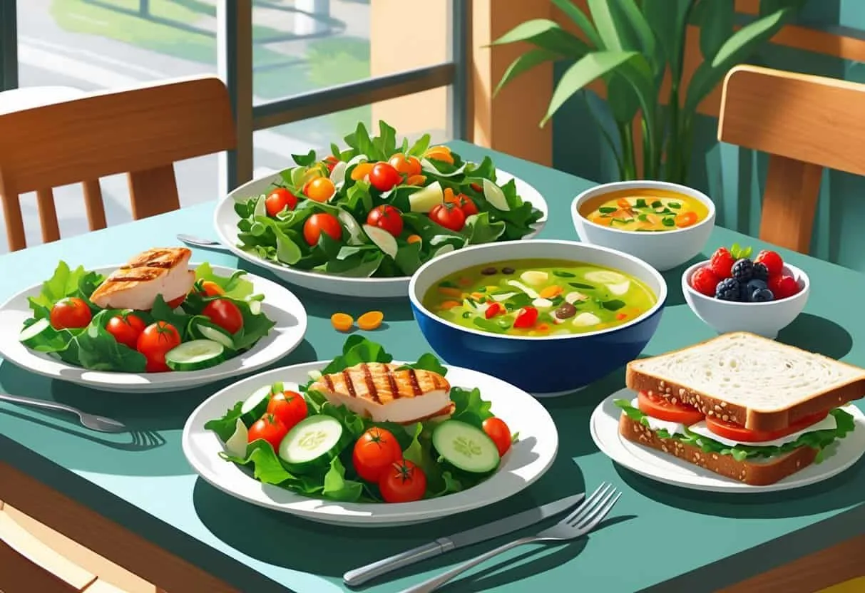 A table displaying healthy food options including a salad, vegetable soup, a whole grain sandwich with turkey, and fresh berries in a café setting.
