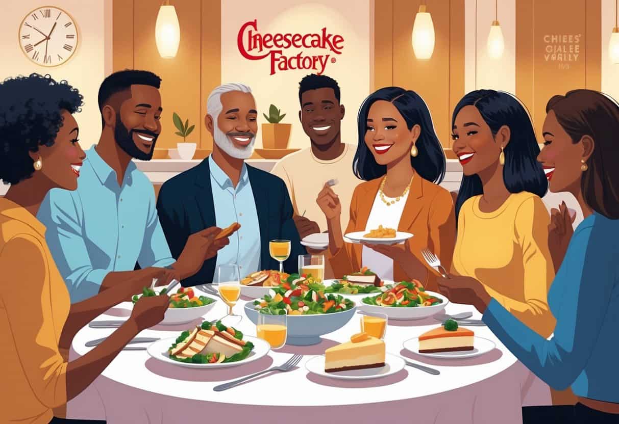 People with diabetes enjoying a healthy meal together at a Cheesecake Factory restaurant.