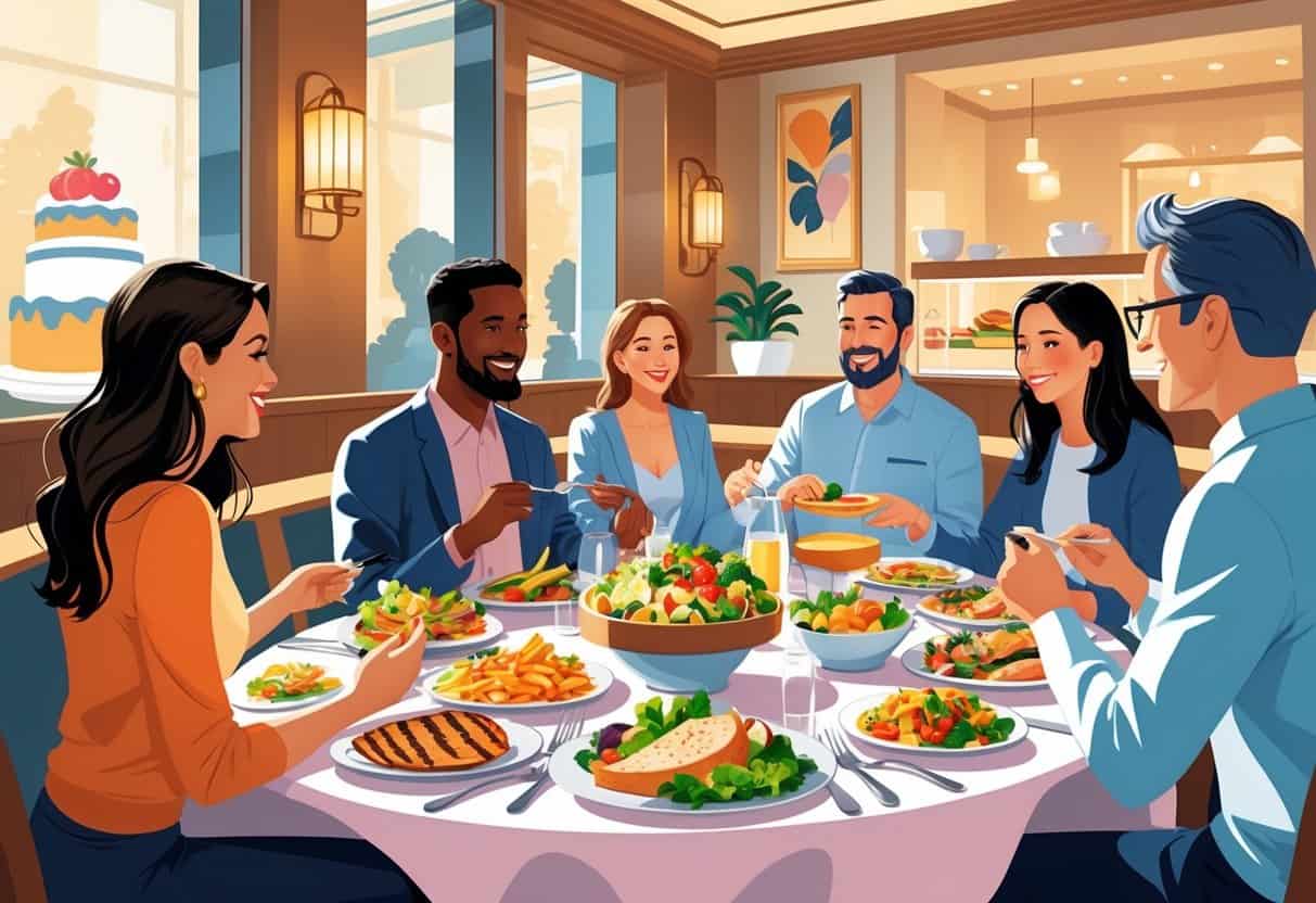 People dining at a restaurant table with a variety of healthy meals suitable for diabetics, including grilled chicken, vegetables, and salads.