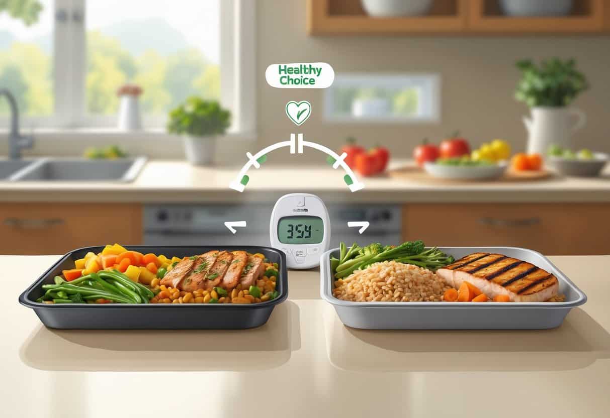 Two frozen meal trays with healthy portions of vegetables, lean proteins, and grains on a table, alongside a glucose meter and a heart icon representing diabetes management.