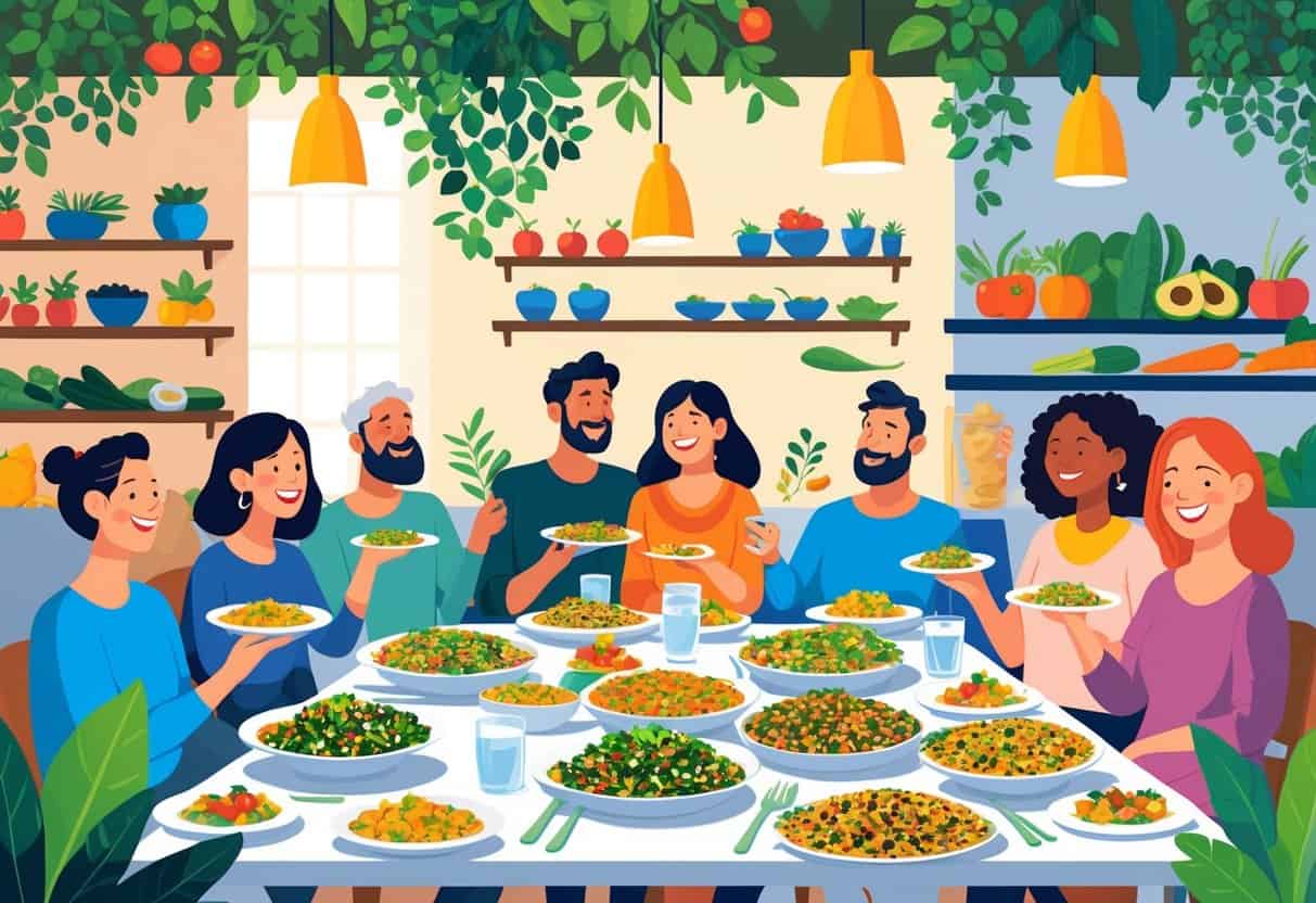 A cozy vegetarian restaurant with people enjoying healthy meals made of fresh vegetables and grains at a table.