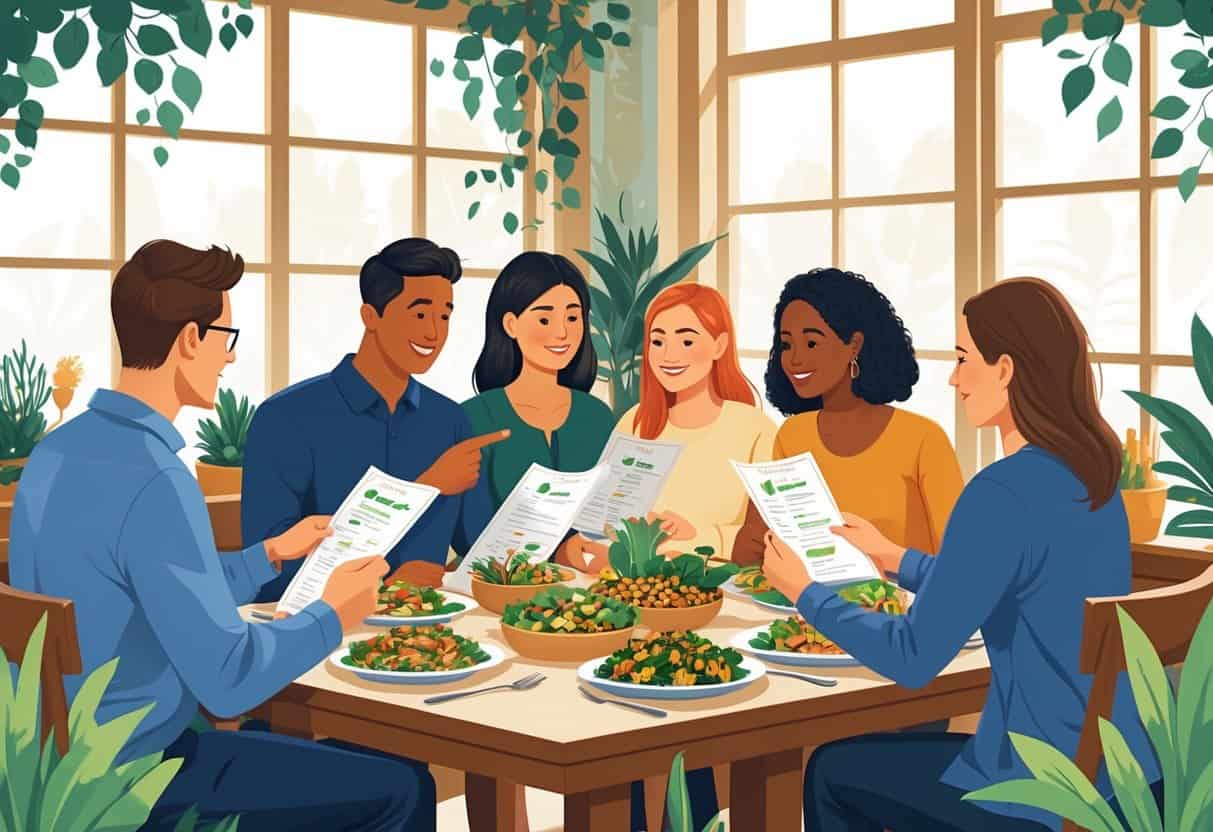 People sitting at a restaurant table looking at menus with vegetarian dishes and fresh vegetables on the table.