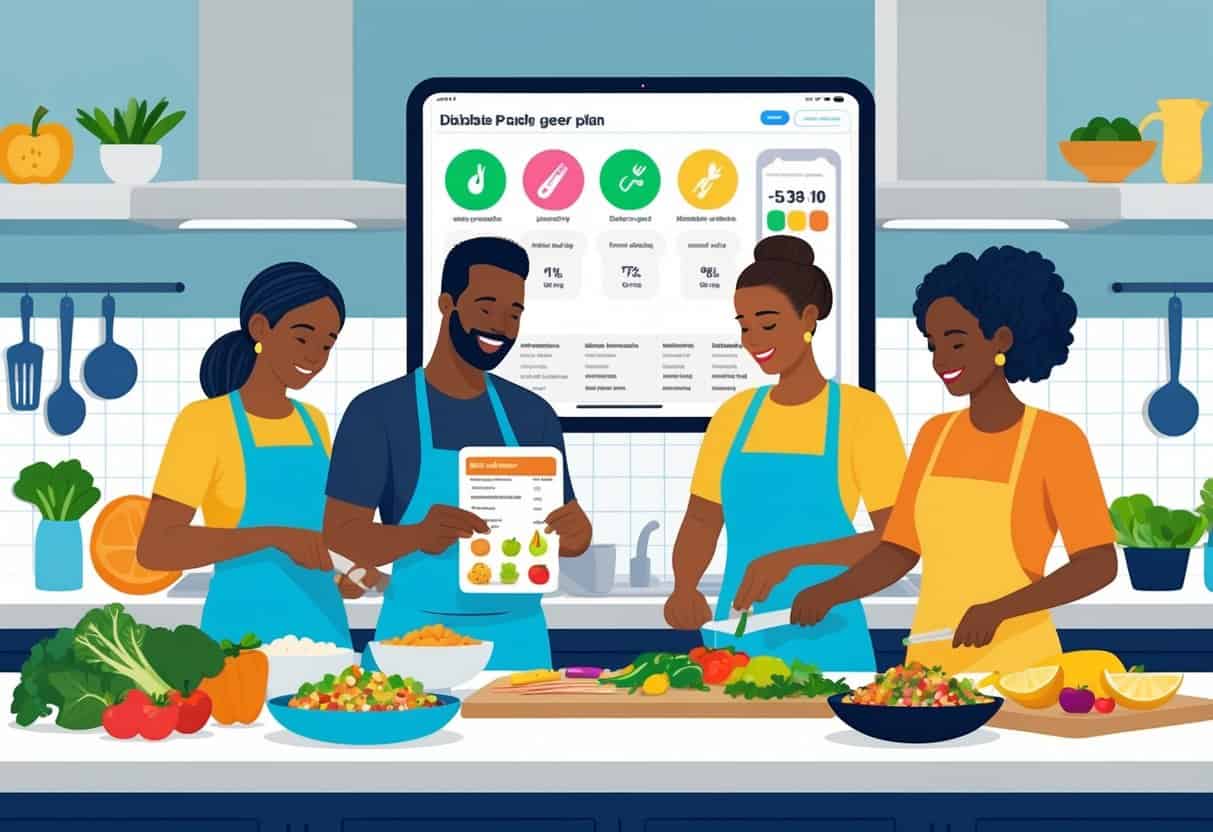 People preparing healthy meals in a kitchen with fresh ingredients and a digital device showing a diabetes-friendly meal plan.