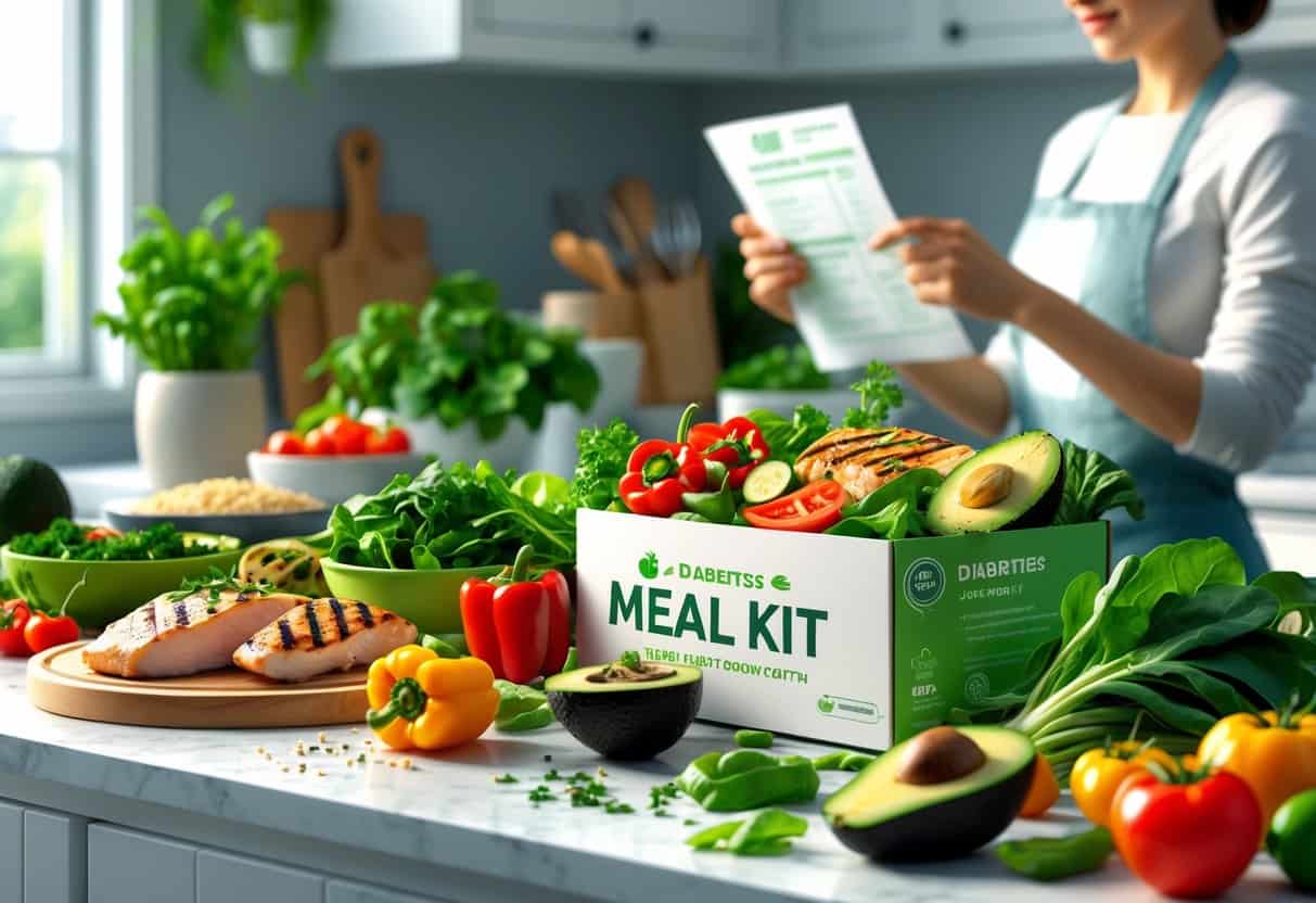 A kitchen countertop with fresh vegetables, lean proteins, whole grains, and a meal kit box, with a person reviewing a meal plan in the background.