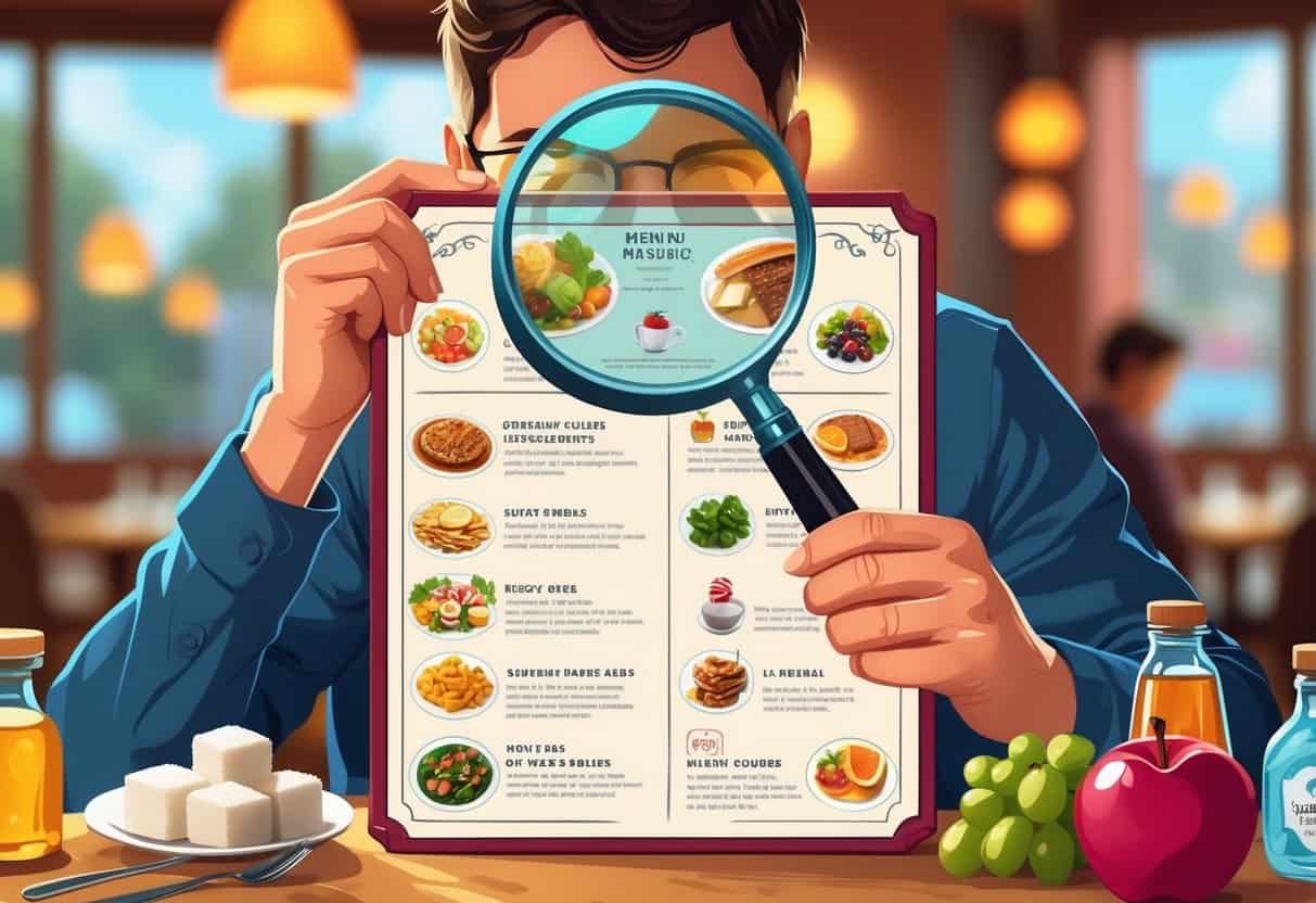 A person examining a restaurant menu with a magnifying glass, surrounded by sugar-related ingredients in a cozy restaurant setting.