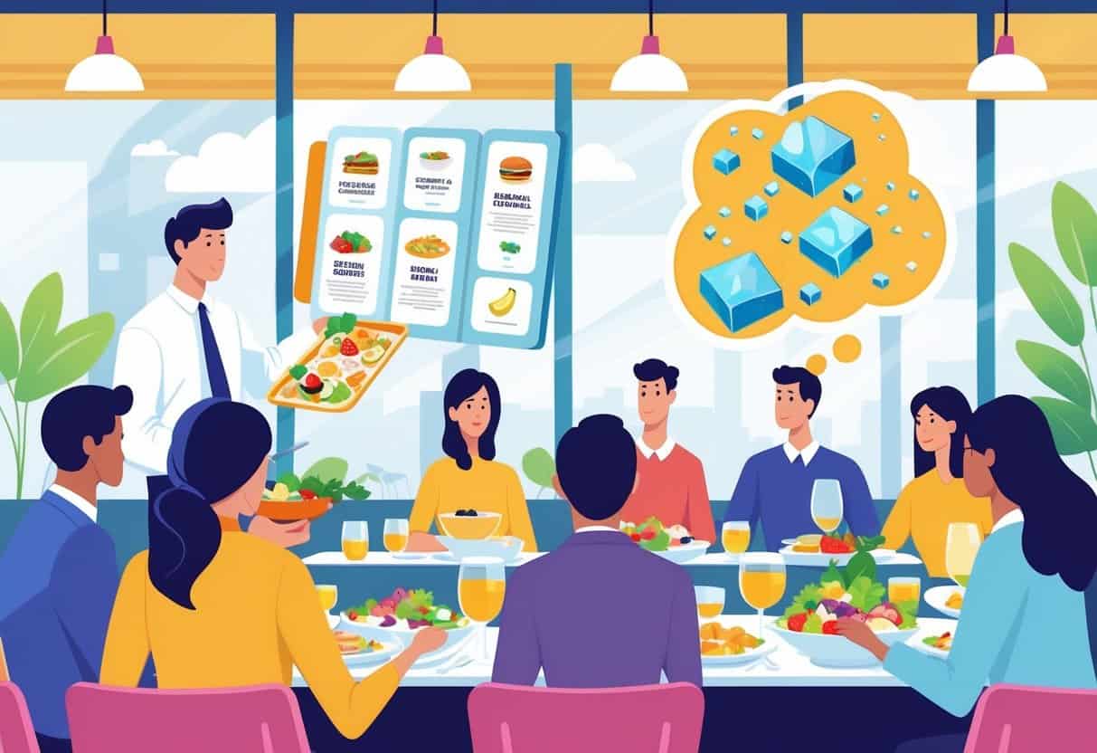 People sitting at a restaurant table with various foods, while a waiter shows a menu highlighting hidden sugars in some dishes, with a background illustration of sugar molecules in food.
