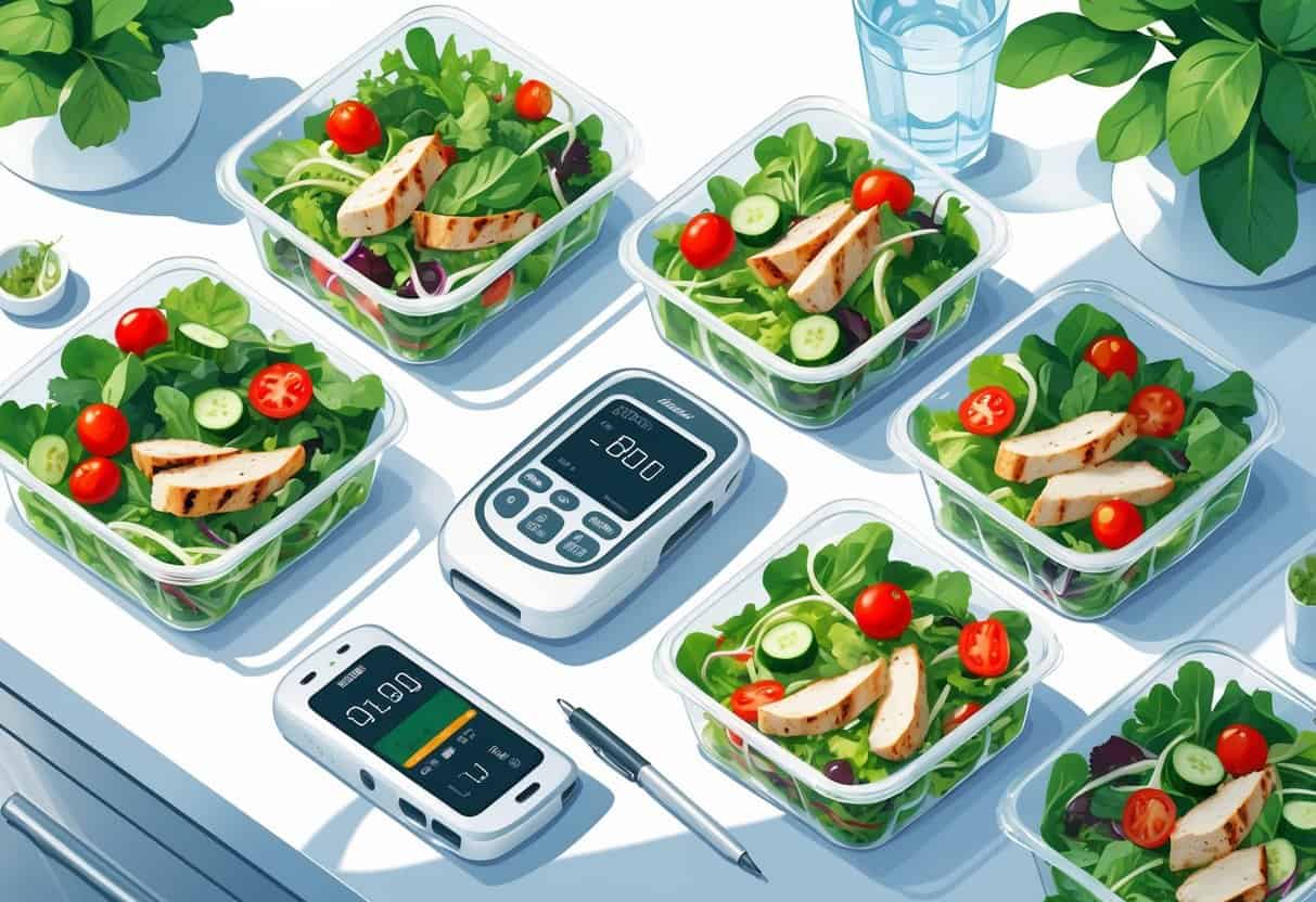 A kitchen countertop with several clear pre-packaged salad containers, a glucose meter, a notebook with a pen, and a glass of water arranged neatly.