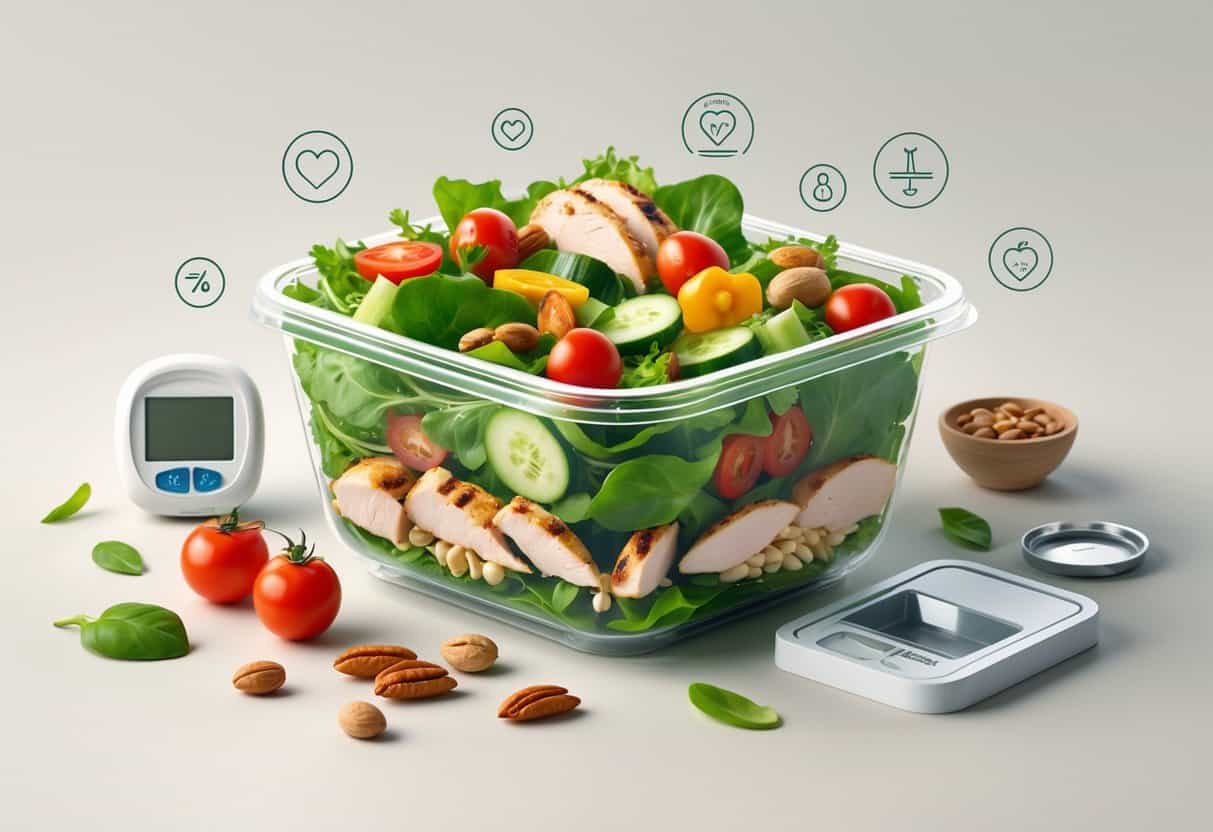 A clear container of fresh salad with vegetables and grilled chicken, surrounded by symbols representing diabetes-friendly nutrition.