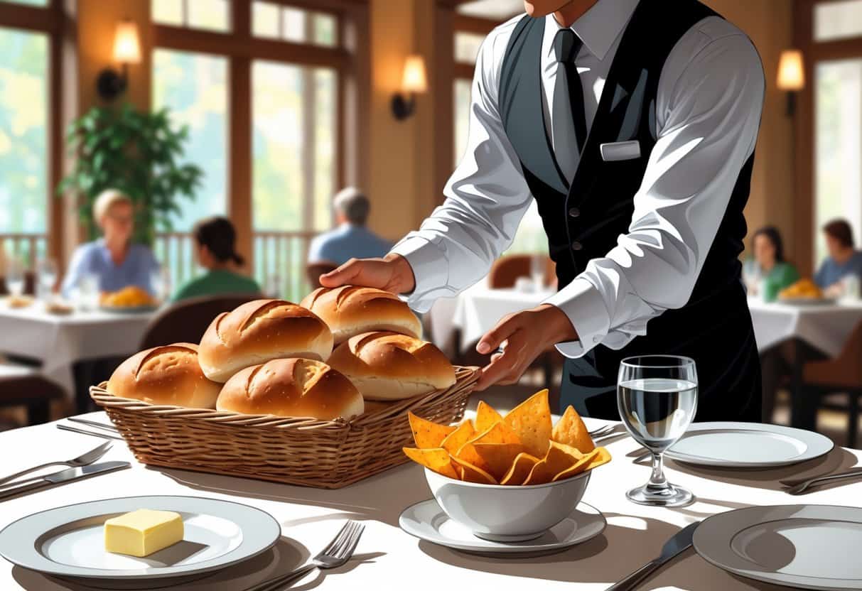 A restaurant table with a basket of bread rolls, a bowl of tortilla chips with salsa, and a waiter placing the bread on the table.