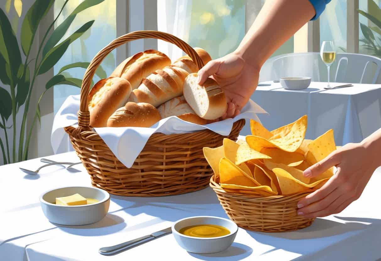 A restaurant table with a basket of bread rolls and a bowl of chips, with hands reaching to take some.