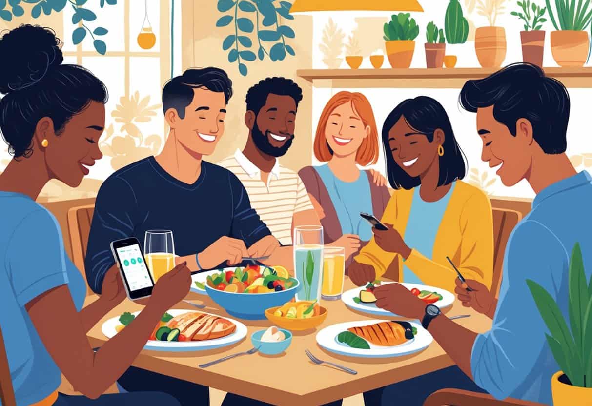 People dining at a restaurant with healthy meals and one person checking their blood glucose monitor.