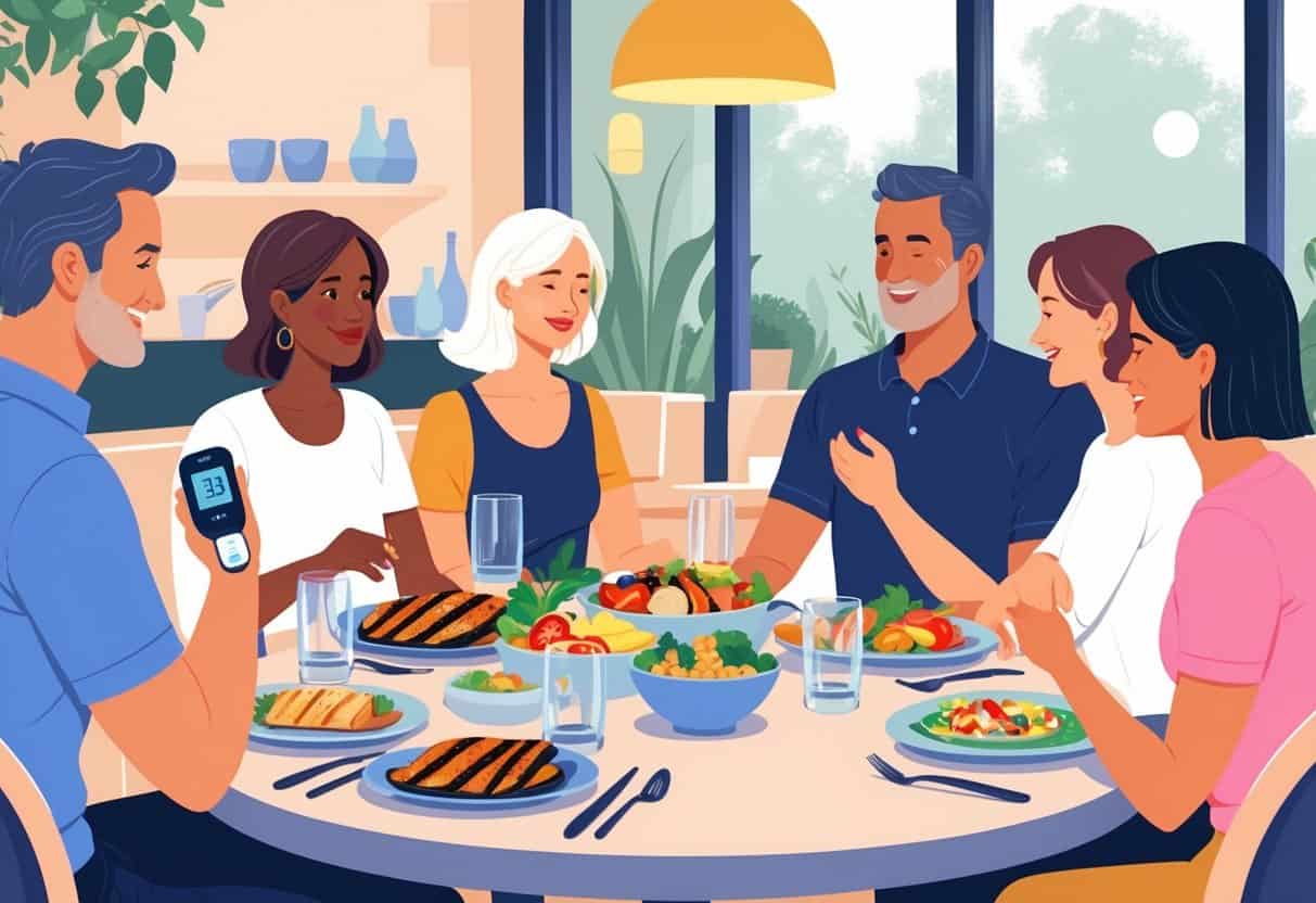 A group of adults dining at a restaurant table with healthy food options and one person checking their glucose monitor.