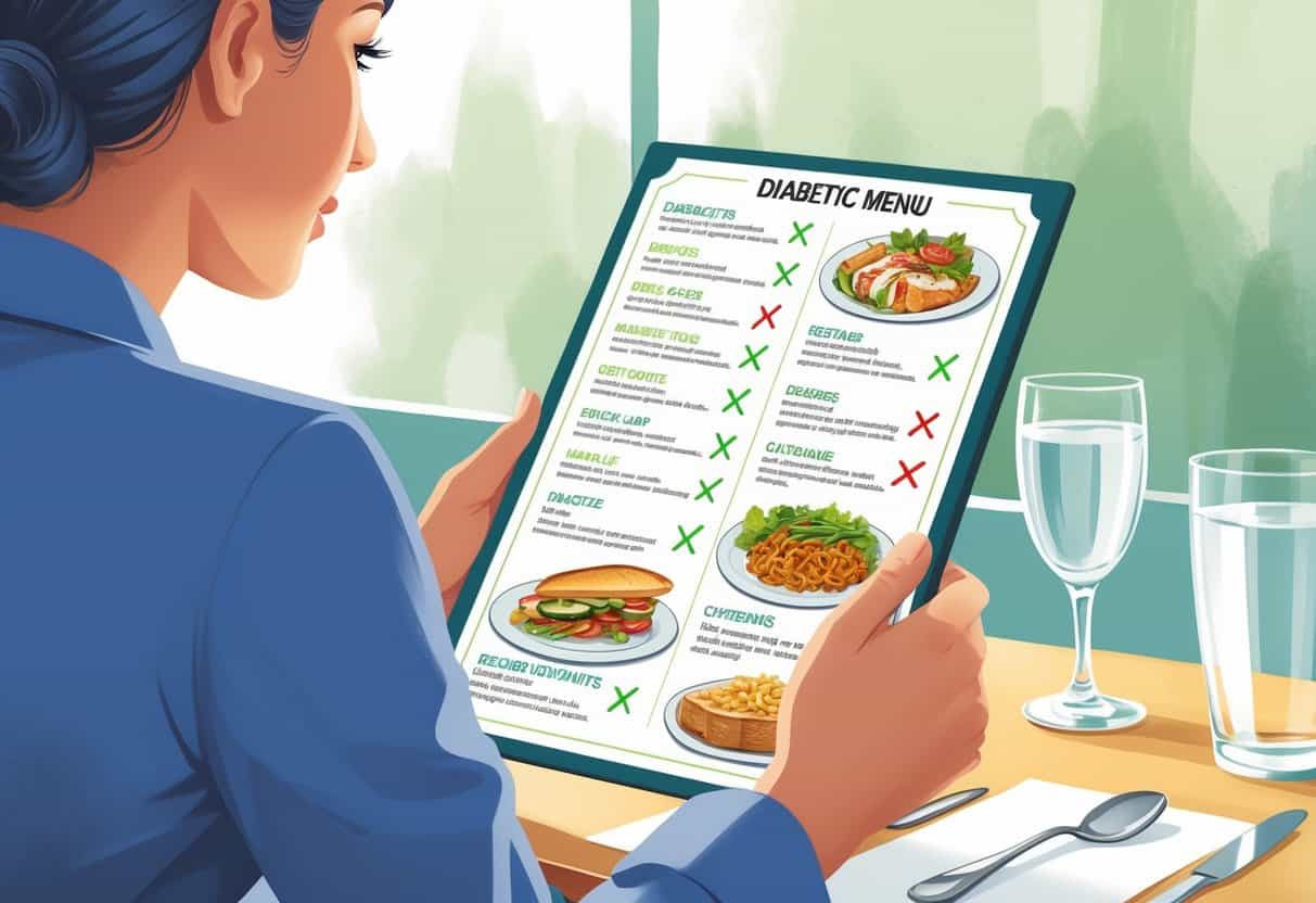 A person looking at a restaurant menu with illustrations of foods, some marked with red crosses indicating items to avoid and others with green check marks indicating healthier choices.