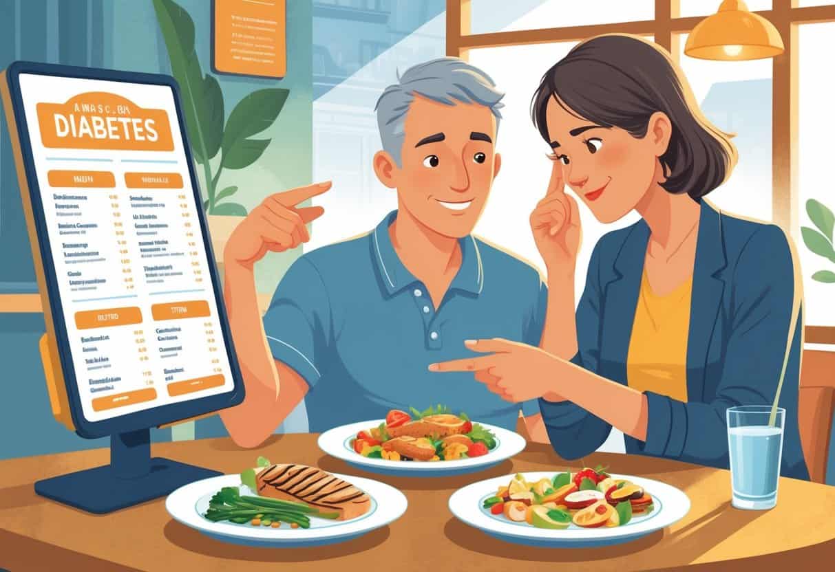 A person in a restaurant considering menu options with a nutritionist pointing to healthy and unhealthy food plates for diabetes management.