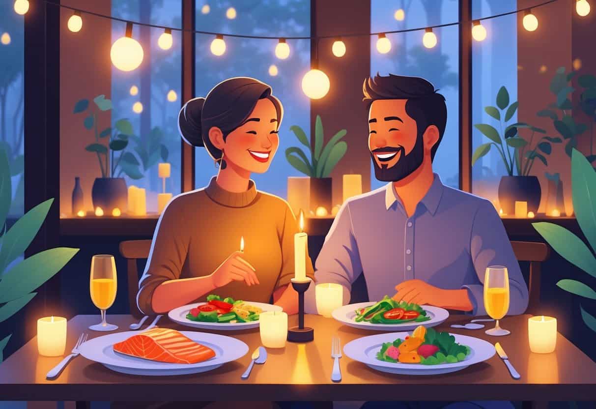 A cozy restaurant table set for two with healthy meals, soft lighting, and two people enjoying a romantic dinner.