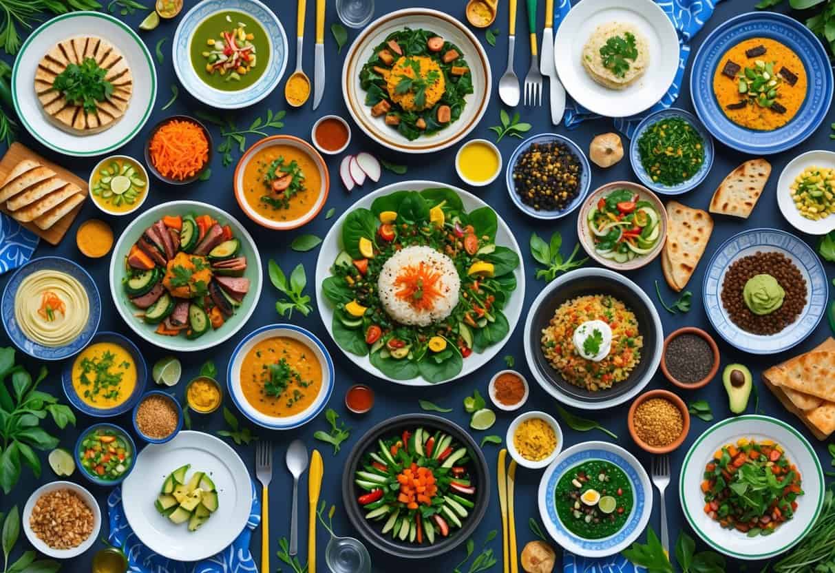 A table displaying a variety of healthy ethnic dishes including Mediterranean grilled vegetables, Indian lentil curry, Japanese sashimi, and Mexican black bean salad, surrounded by fresh ingredients.