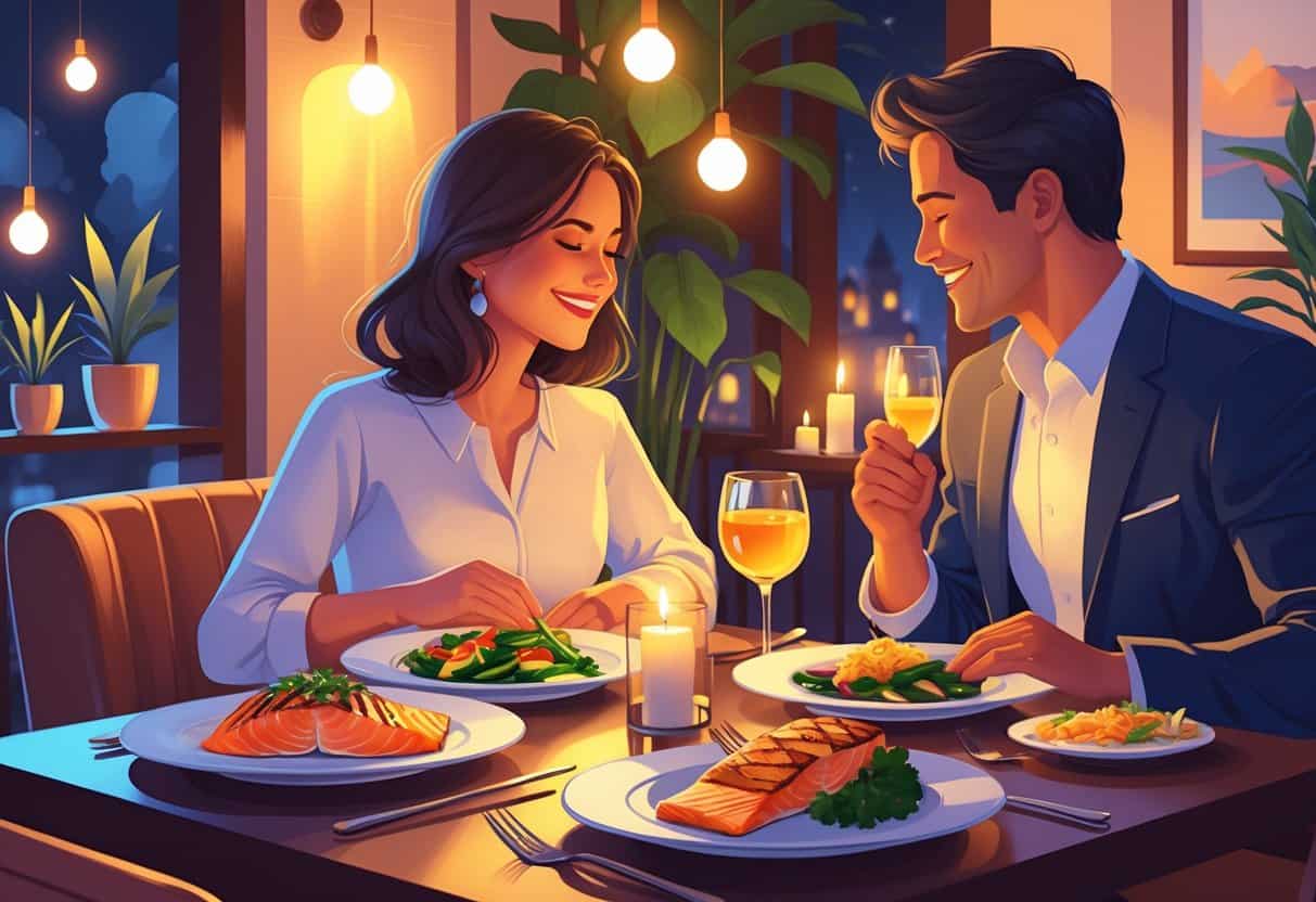 A couple enjoying a romantic dinner at a cozy restaurant table with healthy meals and soft lighting.
