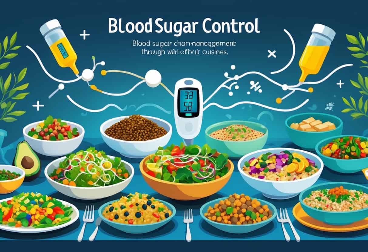 A table with a variety of healthy ethnic dishes representing blood sugar control, surrounded by subtle symbols of glucose regulation.