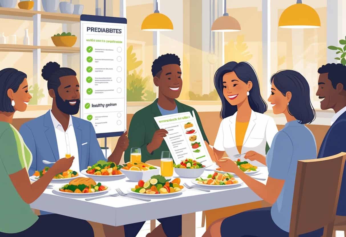 People dining at a restaurant choosing healthy meals with vegetables, lean proteins, and whole grains.
