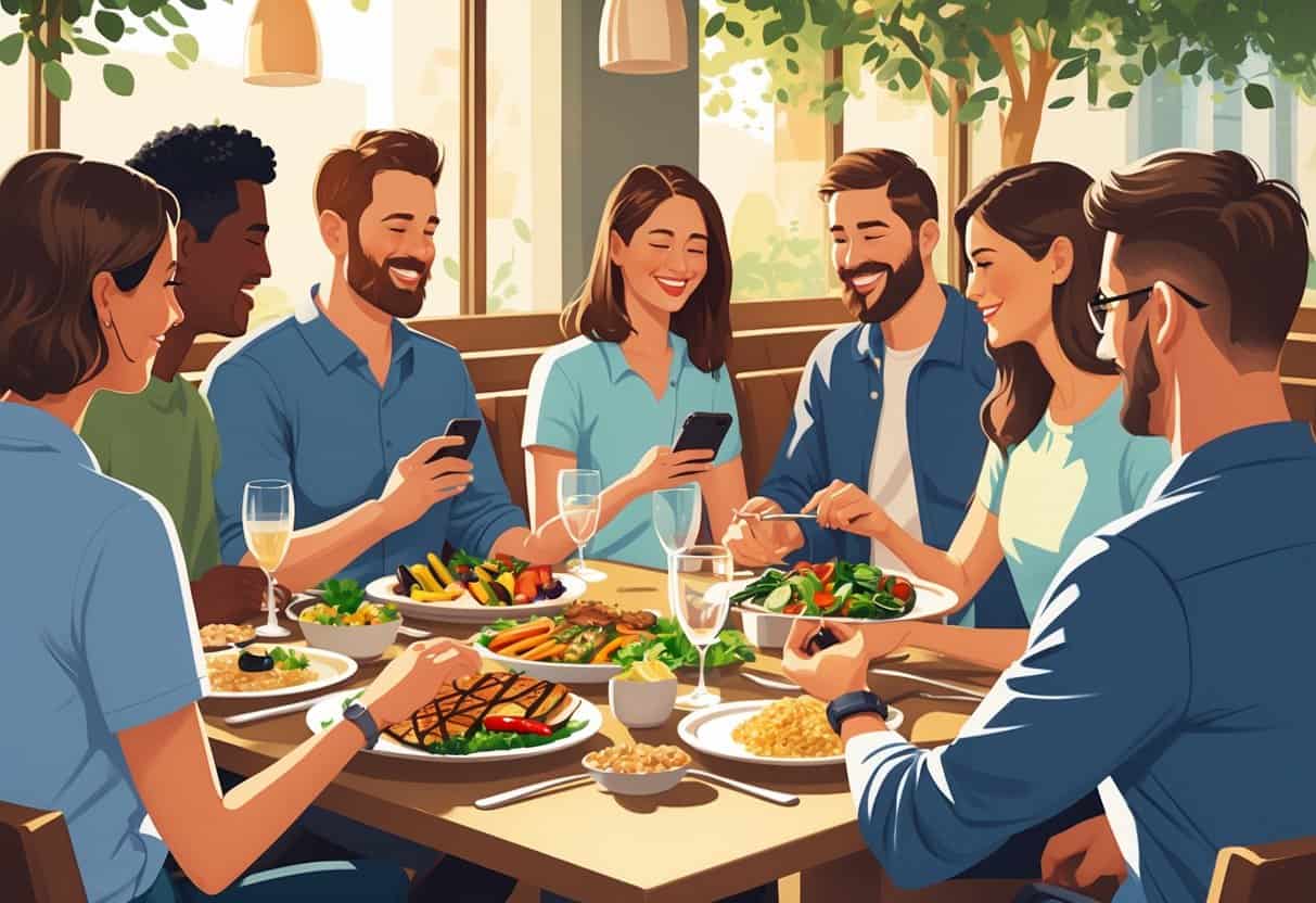 People enjoying a healthy meal together at a restaurant, with one person checking their blood sugar level on a device.