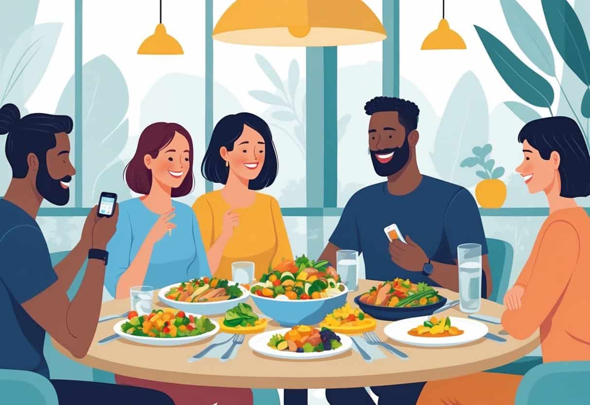 A group of adults eating a balanced meal at a restaurant table with healthy foods and one person checking their blood sugar.