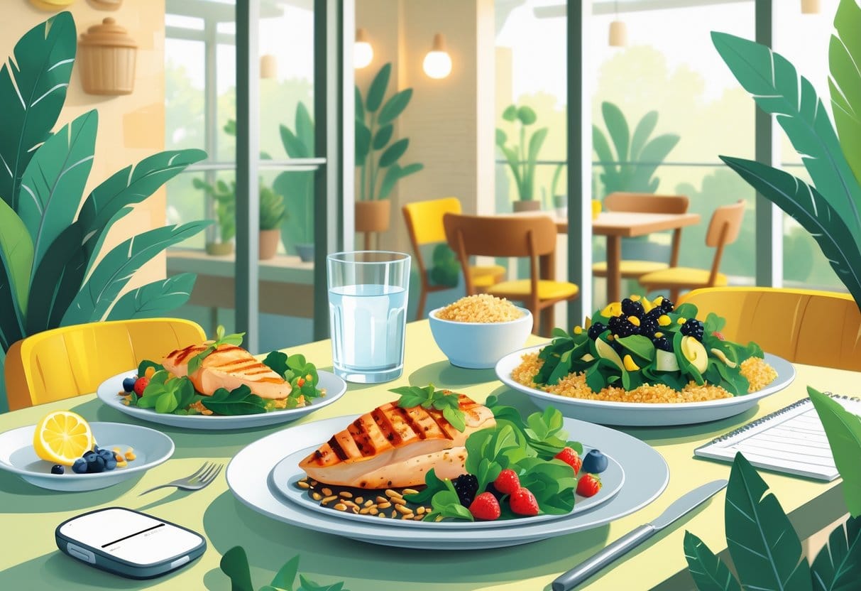 A restaurant table with healthy dishes like grilled chicken, vegetables, salad, and whole grains, along with a glass of water and diabetes management items, in a warm and inviting dining setting.