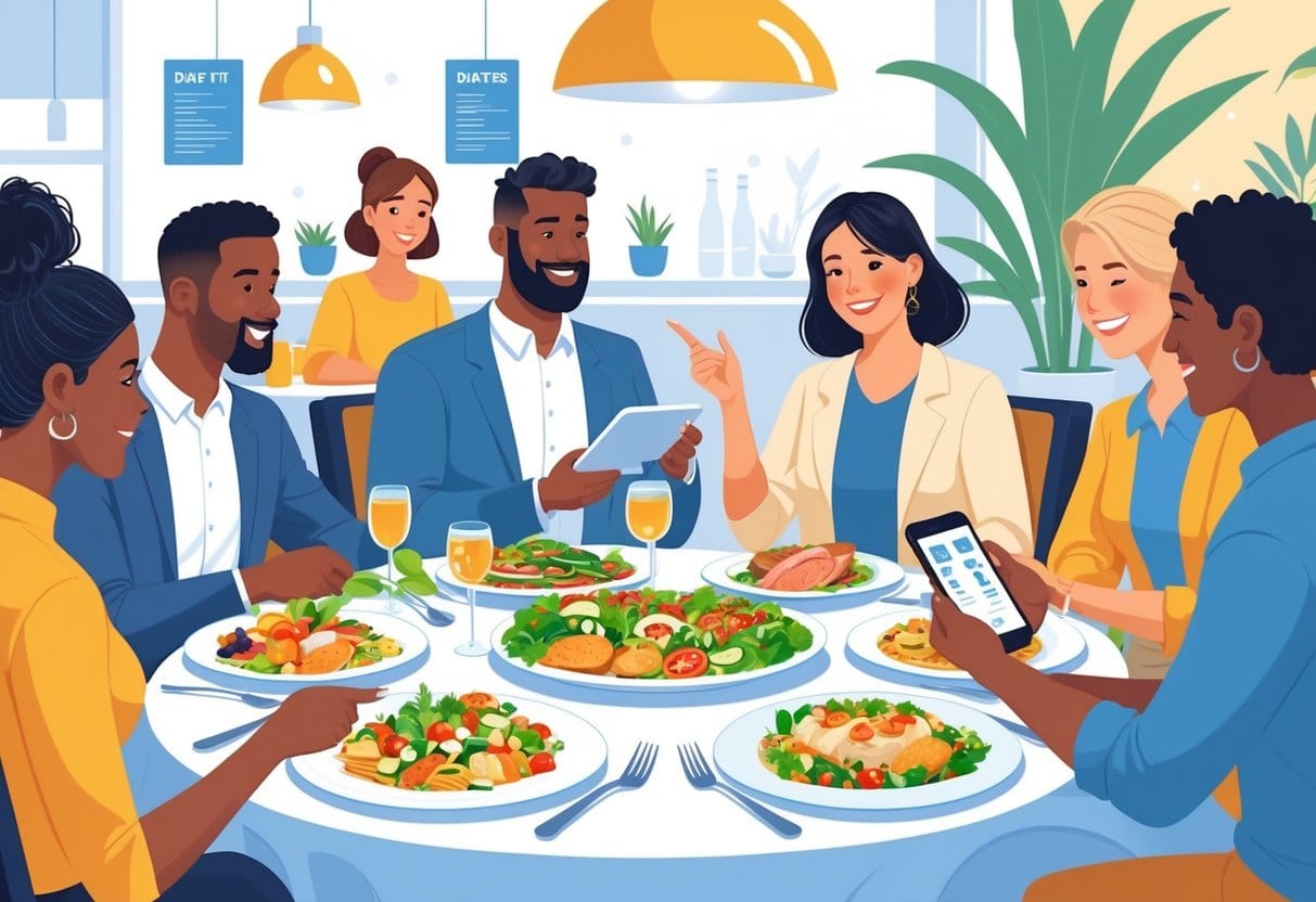 People dining at a restaurant table with healthy, balanced meals and a waiter suggesting diabetic-friendly options.