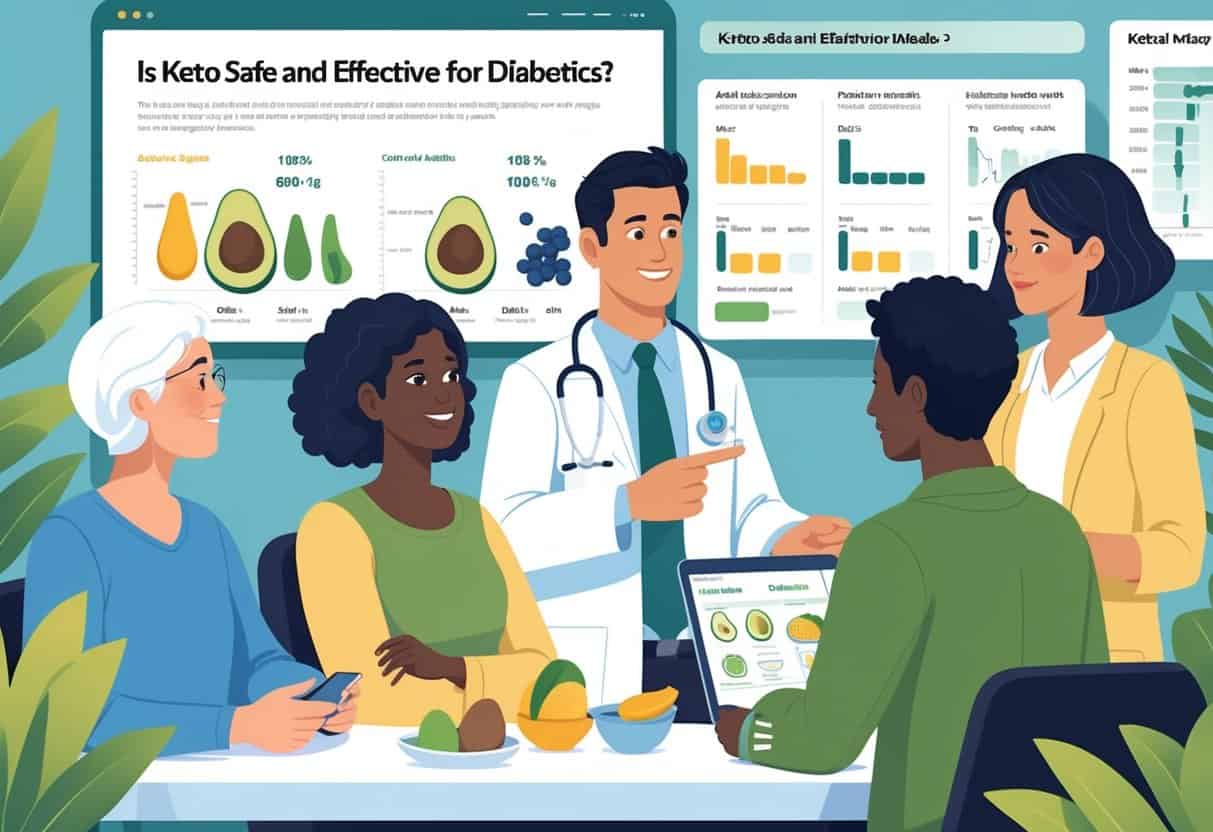 A healthcare professional explains the ketogenic diet to a group of adults, including a person with diabetes, in a medical office with charts and healthy foods on display.