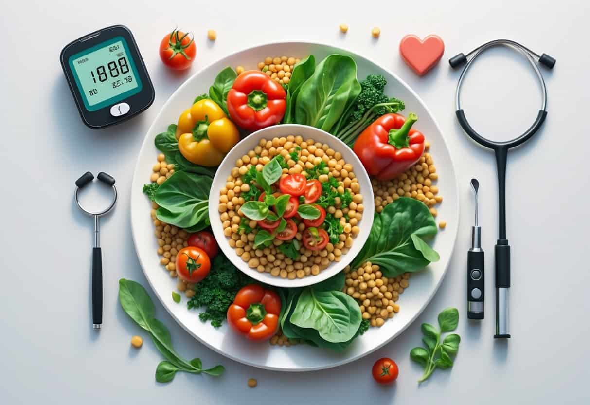 A plate of colorful plant-based foods with a blood glucose monitor and a stethoscope nearby, symbolizing diabetes management.