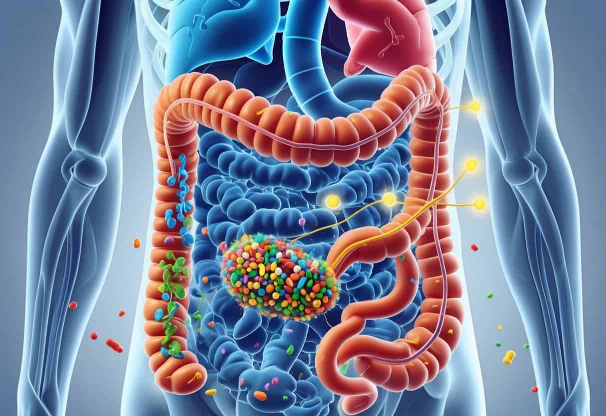 Illustration of a human torso showing intestines with colorful gut bacteria, a pancreas releasing insulin, and blood vessels with glucose molecules indicating blood sugar regulation.