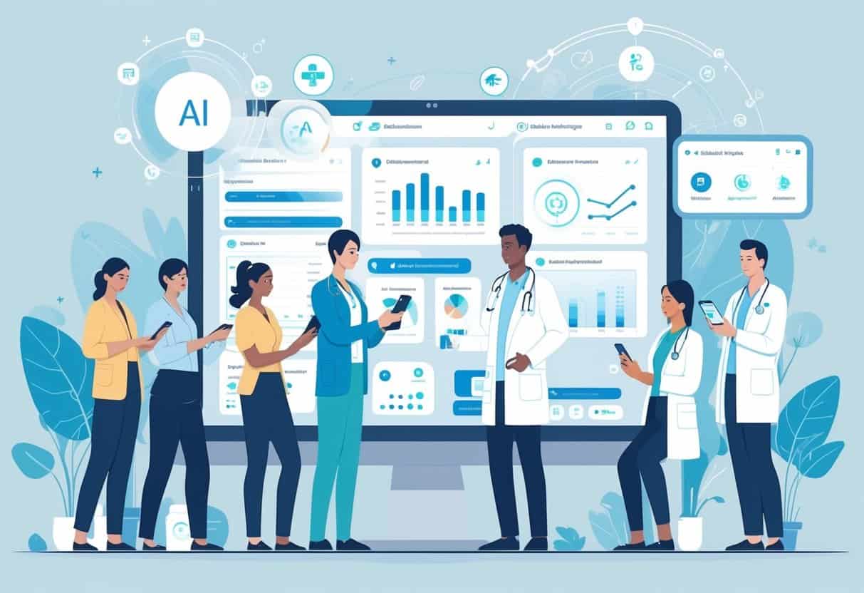 Healthcare professionals and patients using digital devices and AI technology to monitor and manage diabetes in a modern clinical setting.