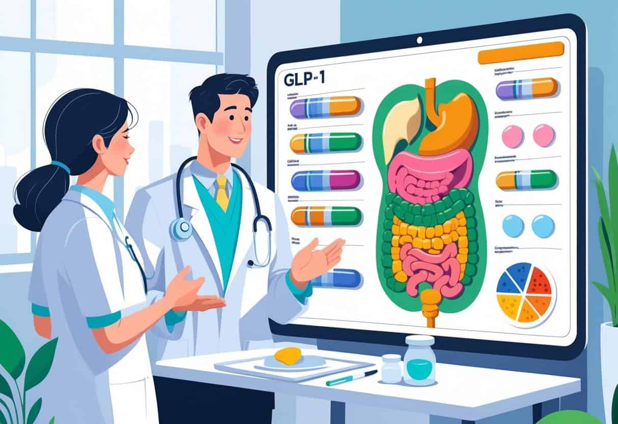 A healthcare professional explaining GLP-1 medications and dietary needs to a patient with visual diagrams of medication and healthy foods in a clinical setting.