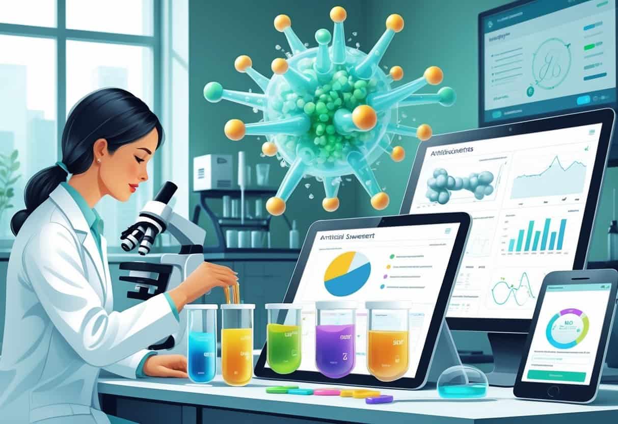 A scientist in a lab coat studies test tubes and digital data about artificial sweeteners with a molecular model and diabetes-related symbols in a modern laboratory.