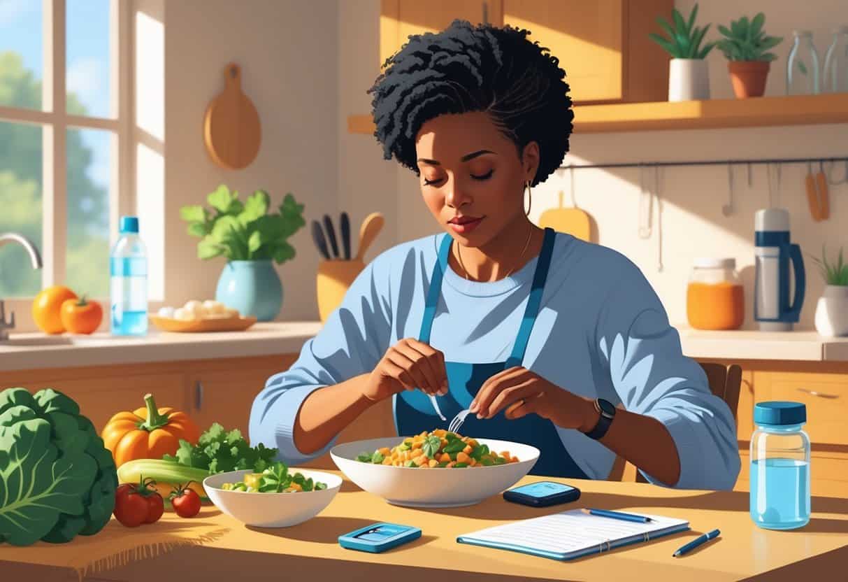 An adult thoughtfully preparing a balanced meal at a kitchen table with diabetes management tools nearby.
