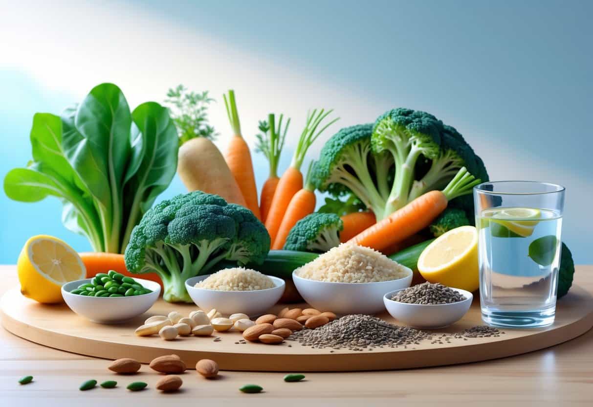 A variety of fresh vegetables, whole grains, nuts, and a glass of water arranged on a wooden table.