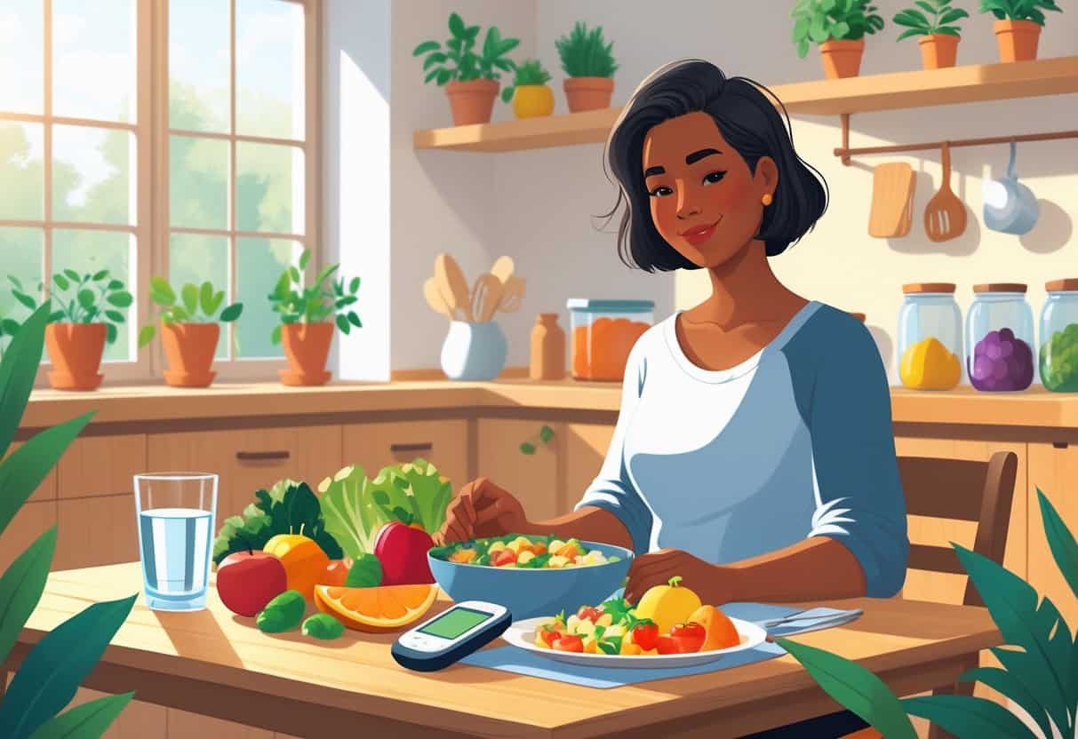 A person sitting at a kitchen table with healthy food and a blood glucose monitor, appearing calm and motivated.
