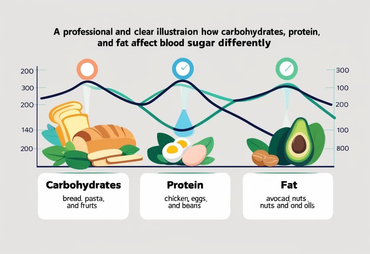 Illustration showing how carbohydrates, protein, and fat affect blood sugar differently with foods and blood sugar level lines for each macronutrient.