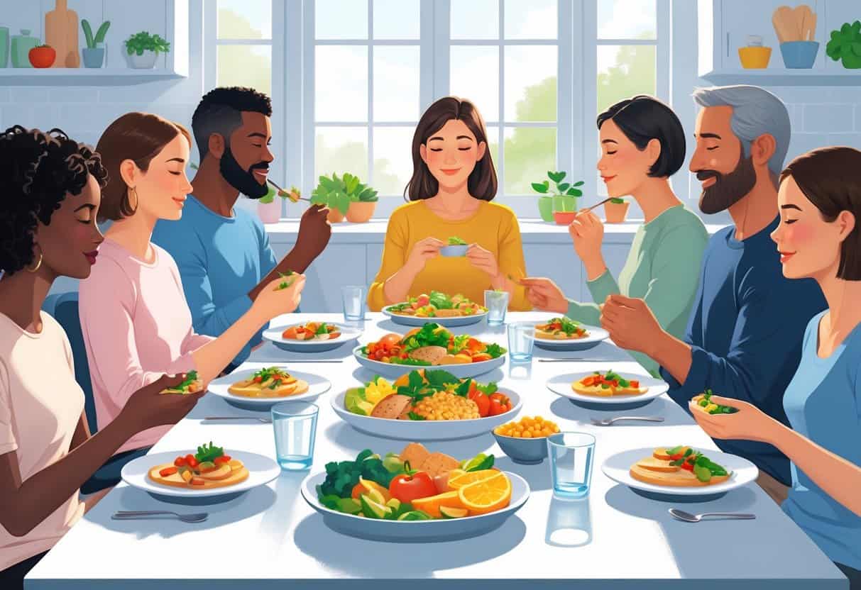 People sitting around a table eating balanced meals mindfully in a bright kitchen.
