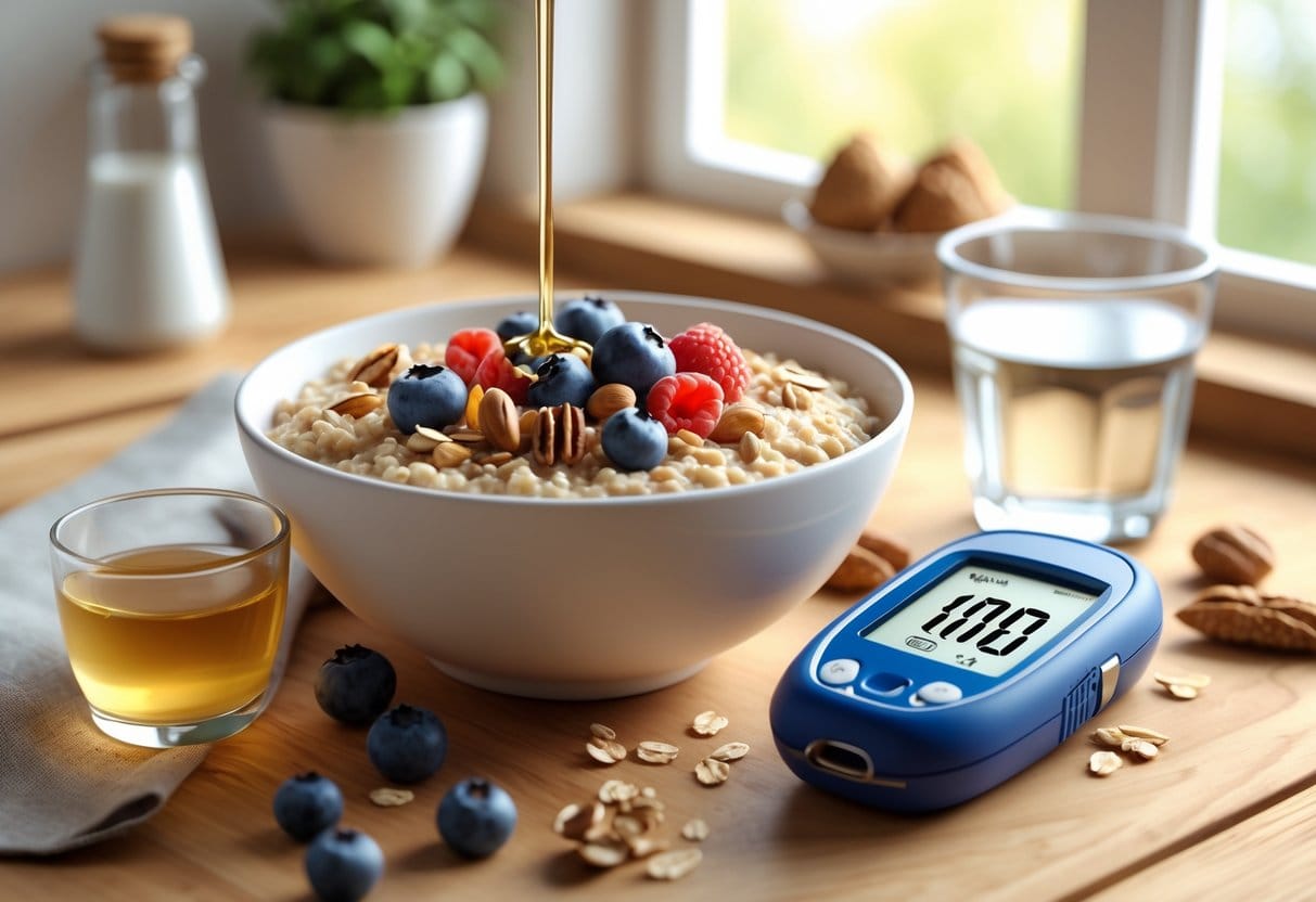 A bowl of oatmeal with berries and nuts on a table next to a glucometer and a glass of water in a kitchen.
