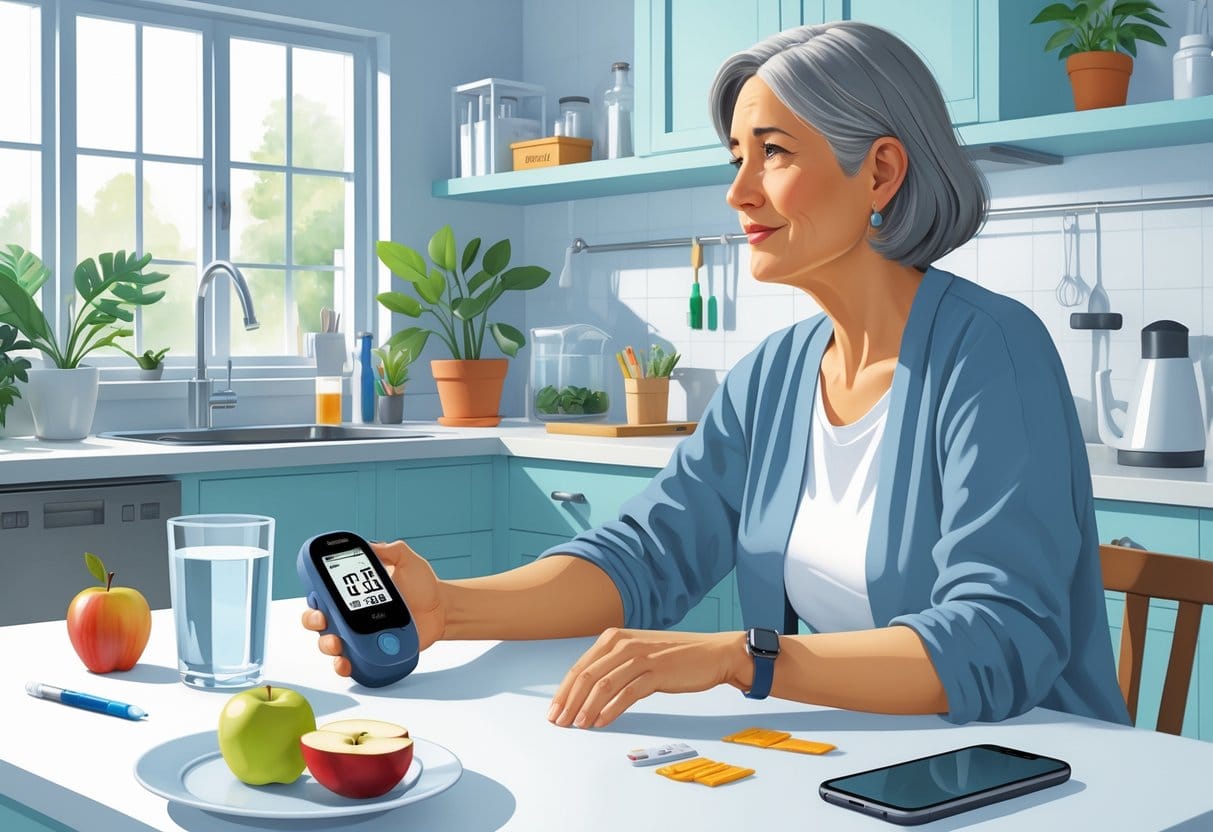 A person at home checking a high blood sugar reading on a glucose meter while having water and a healthy snack nearby, with a phone showing a healthcare professional.