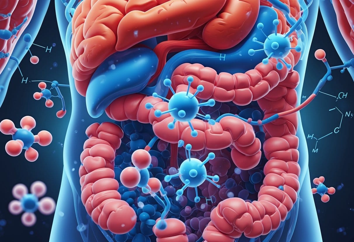 Illustration of a human torso highlighting the pancreas and bloodstream with magnesium ions interacting with insulin to regulate blood sugar levels.