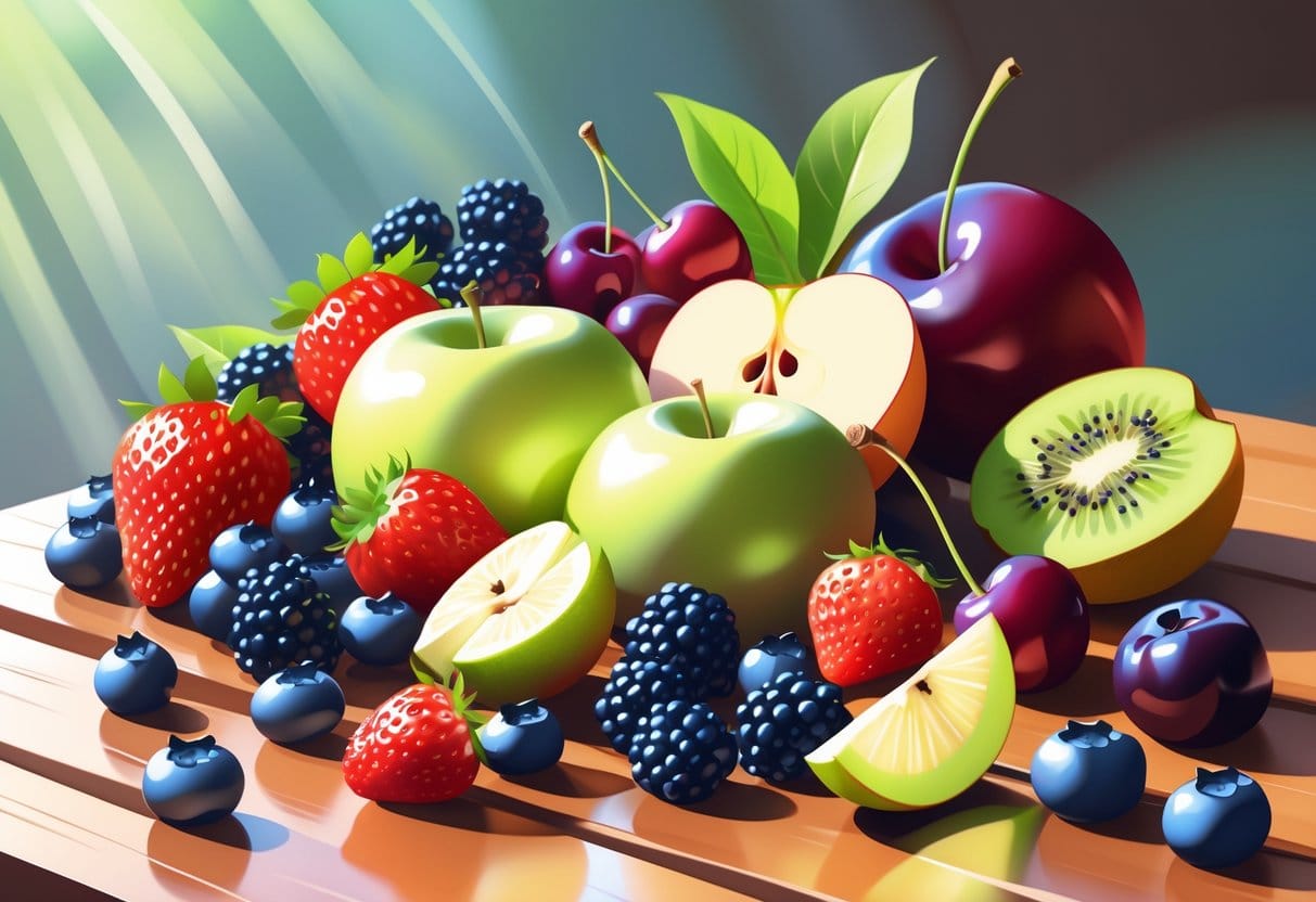 A variety of low-carb fruits including berries, green apple slices, cherries, kiwi wedges, and plums arranged on a wooden table.