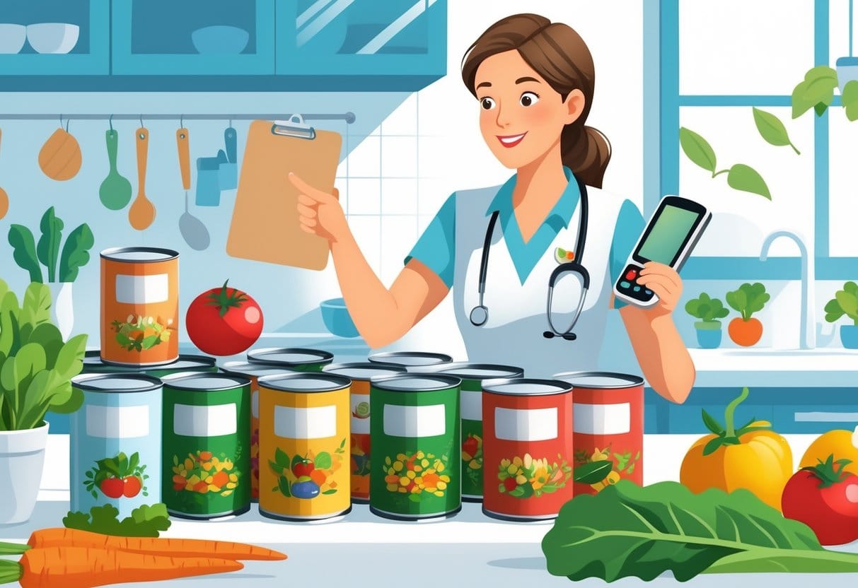 A healthcare professional and a diabetic person examining canned soups on a kitchen countertop surrounded by fresh vegetables.