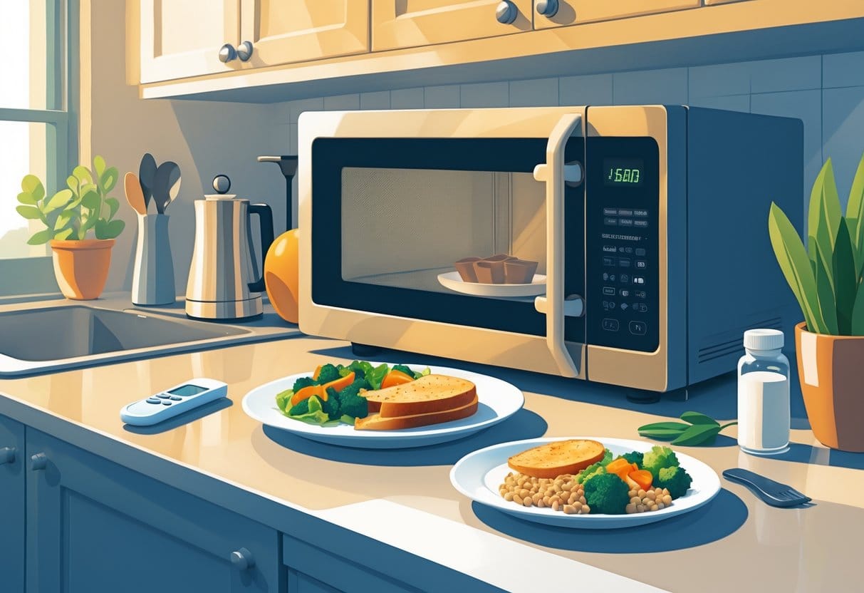 A kitchen countertop with a microwave, a healthy plate of food, a glucose meter, and insulin bottle, representing meal options for people with diabetes.