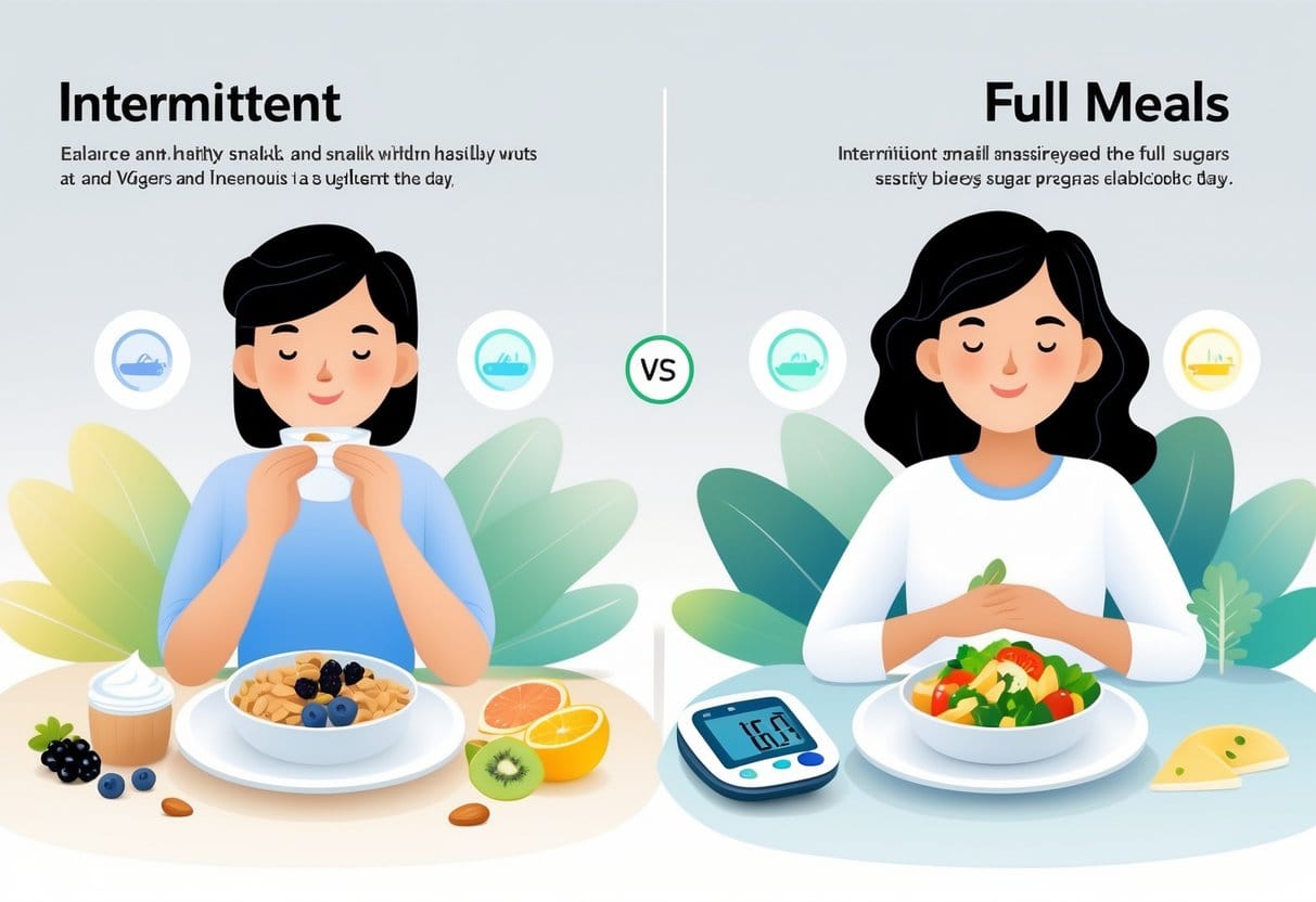 A person eating healthy snacks on one side and a balanced full meal on the other, with icons indicating blood sugar monitoring, illustrating dietary options for diabetics.