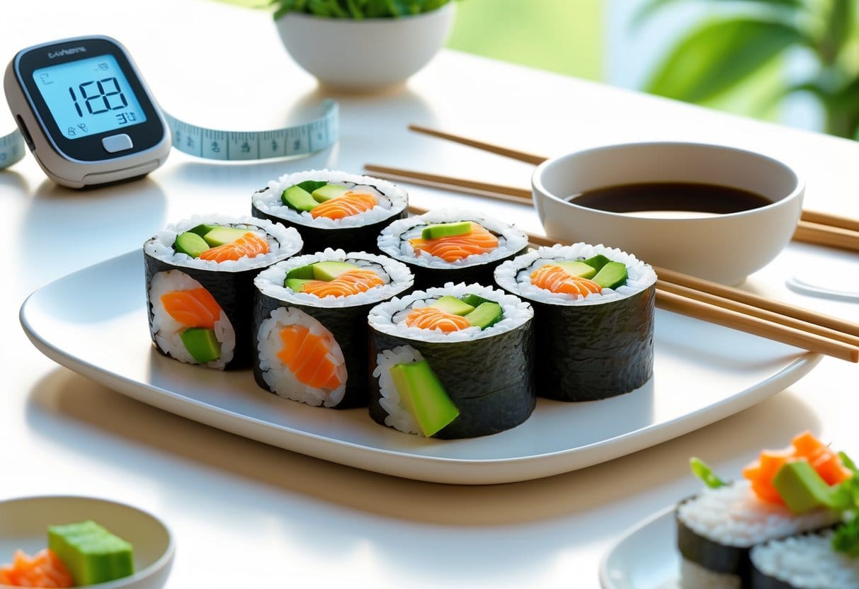 A plate of brown rice sushi with fresh ingredients on a dining table, accompanied by soy sauce, chopsticks, a glucose monitor, and a measuring tape.