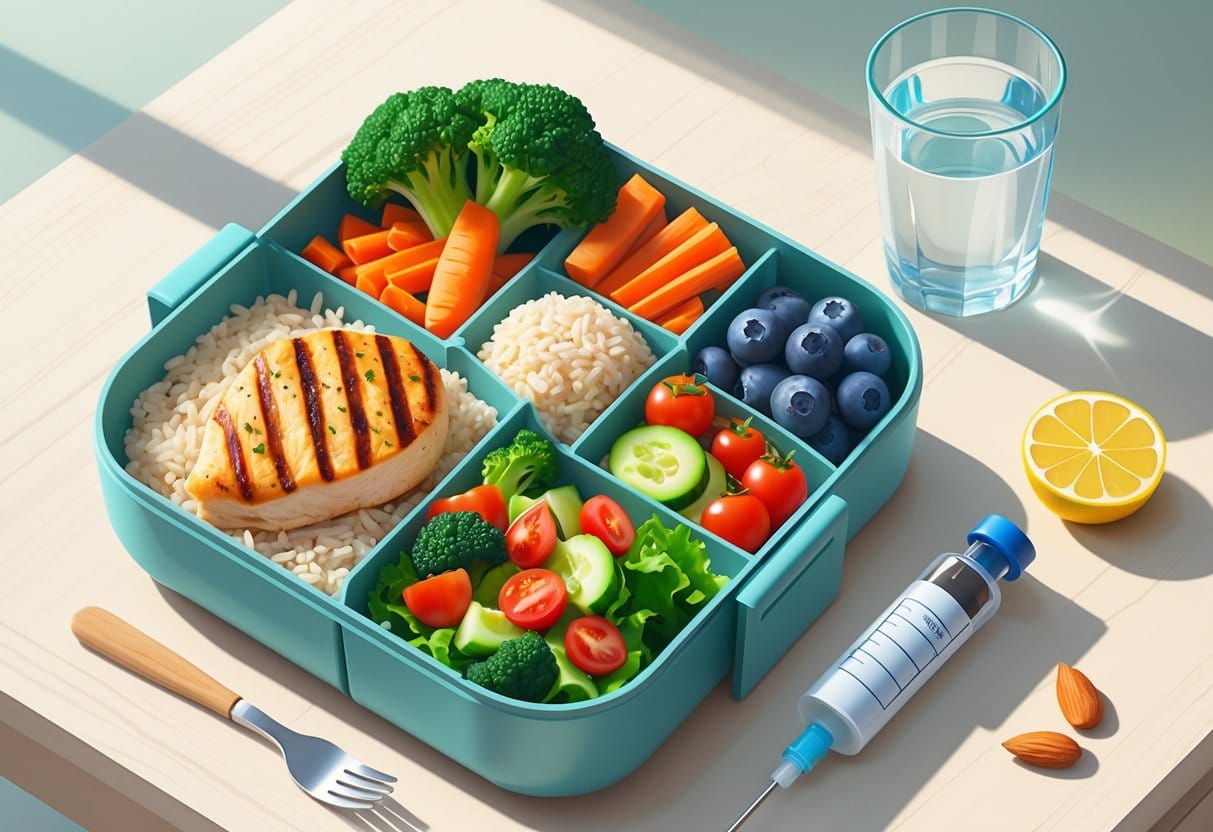 A balanced diabetic lunchbox with grilled chicken, brown rice, steamed vegetables, salad, almonds, fresh berries, a glass of water, and insulin supplies on a table.