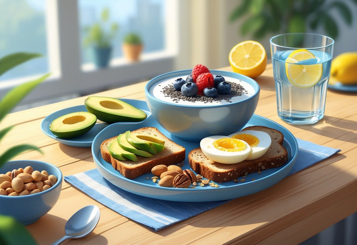 A table set with a healthy breakfast including yogurt with berries, whole grain toast with avocado, a hard-boiled egg, nuts, and a glass of water.
