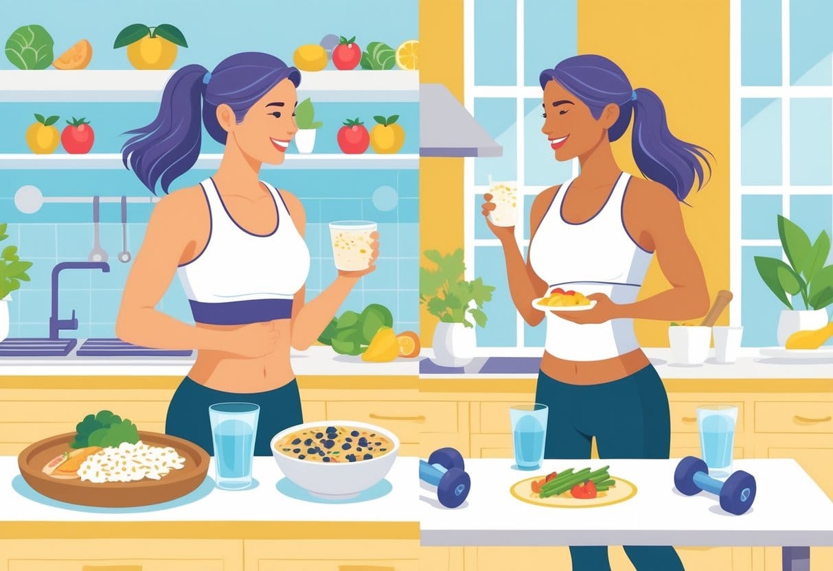 A person choosing healthy foods before and after a workout, with nutritious meals and exercise equipment nearby.
