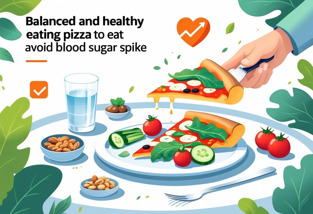A person sitting at a table with a plate of pizza, fresh vegetables, and a glass of water, demonstrating mindful eating with a glucose monitor nearby showing stable levels.